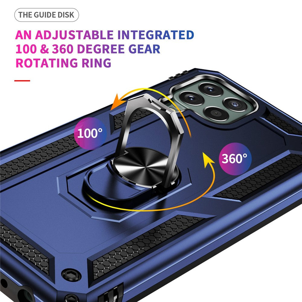 For Samsung Galaxy M33 5G (Global Version) TPU + PC Scratch-resistant Drop-proof Cell Phone Case with Ring Holder Kickstand and Built-in Metal Sheet - Blue