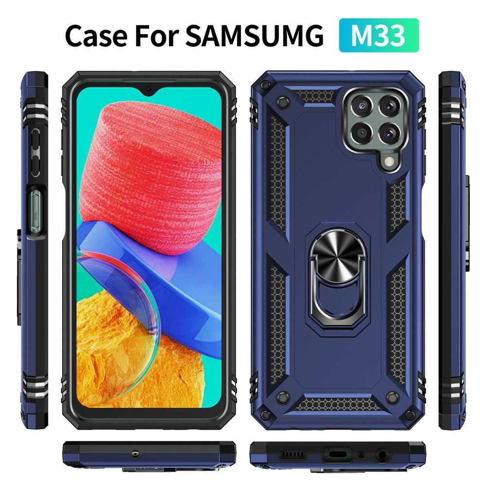 For Samsung Galaxy M33 5G (Global Version) TPU + PC Scratch-resistant Drop-proof Cell Phone Case with Ring Holder Kickstand and Built-in Metal Sheet - Blue