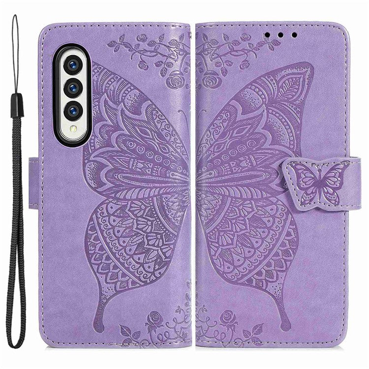 For Samsung Galaxy Z Fold4 5G Drop-proof Flip Cover PU Leather Book Wallet Case Imprinted Butterfly Pattern Stand Magnetic Clasp Phone Shell with Wrist Strap - Light Purple