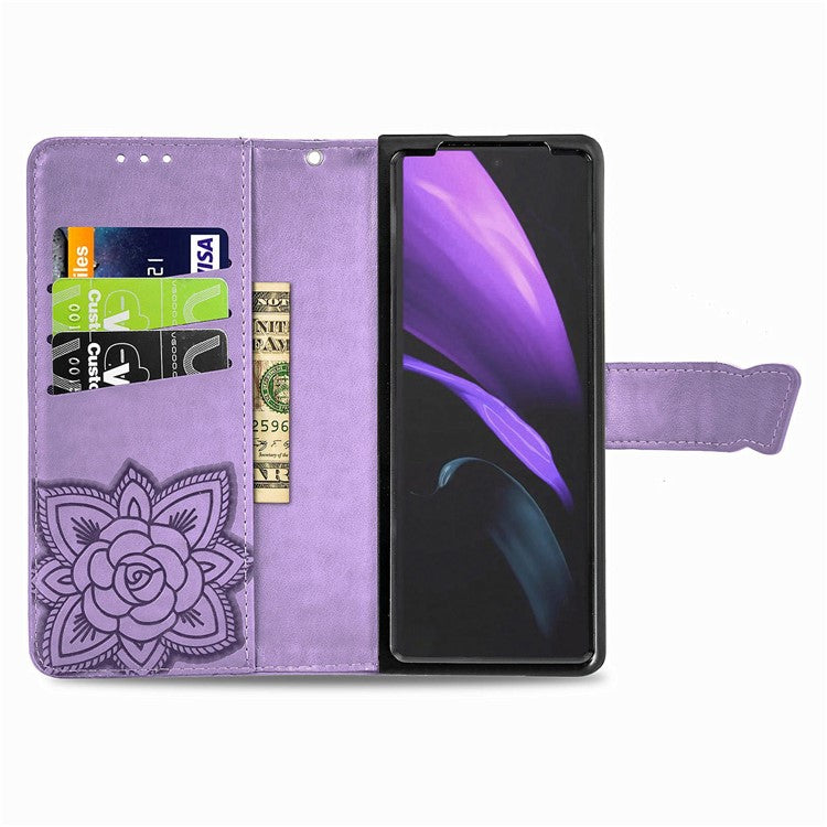 For Samsung Galaxy Z Fold4 5G Drop-proof Flip Cover PU Leather Book Wallet Case Imprinted Butterfly Pattern Stand Magnetic Clasp Phone Shell with Wrist Strap - Light Purple