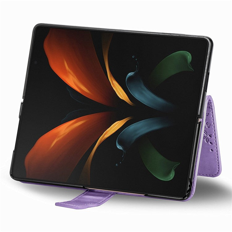 For Samsung Galaxy Z Fold4 5G Drop-proof Flip Cover PU Leather Book Wallet Case Imprinted Butterfly Pattern Stand Magnetic Clasp Phone Shell with Wrist Strap - Light Purple