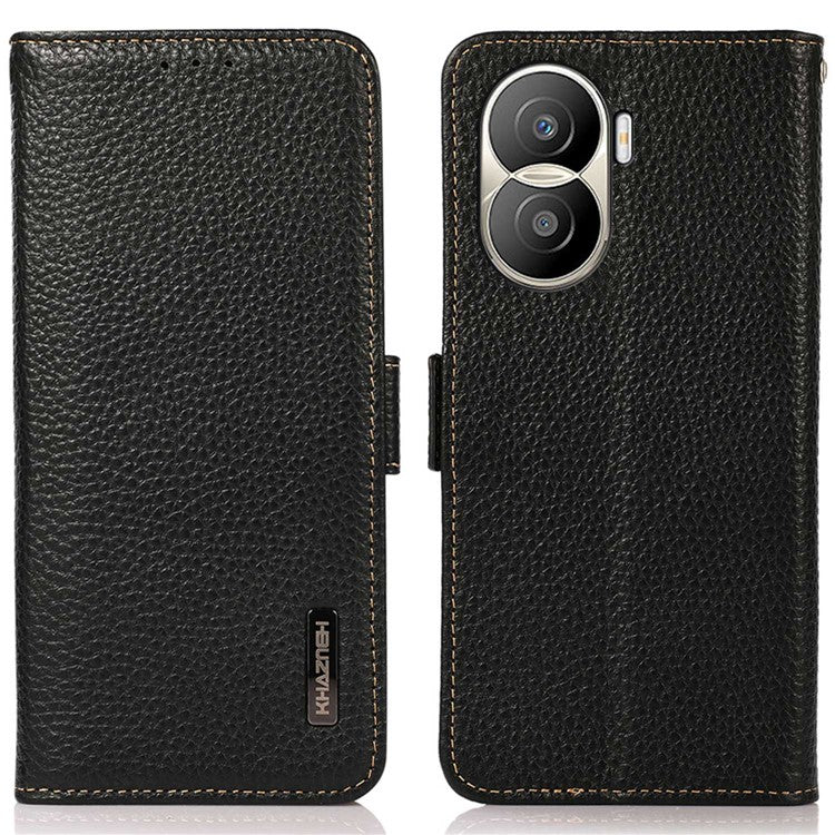 KHAZNEH for Honor X40i 5G RFID Blocking Flip Wallet Phone Case Litchi Texture Genuine Leather Stand Magnetic Closure Protective Cover - Black