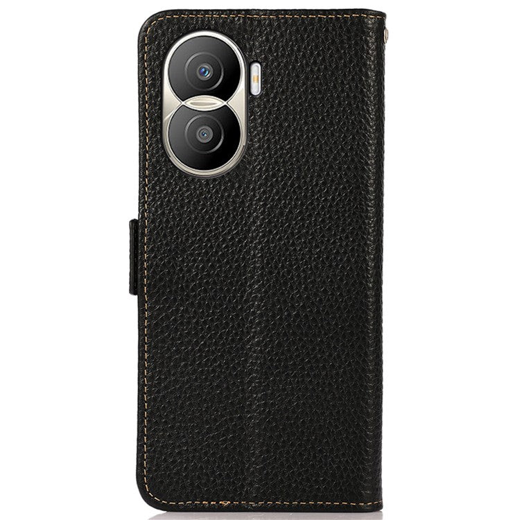 KHAZNEH for Honor X40i 5G RFID Blocking Flip Wallet Phone Case Litchi Texture Genuine Leather Stand Magnetic Closure Protective Cover - Black