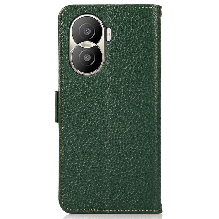 KHAZNEH for Honor X40i 5G RFID Blocking Flip Wallet Phone Case Litchi Texture Genuine Leather Stand Magnetic Closure Protective Cover - Green