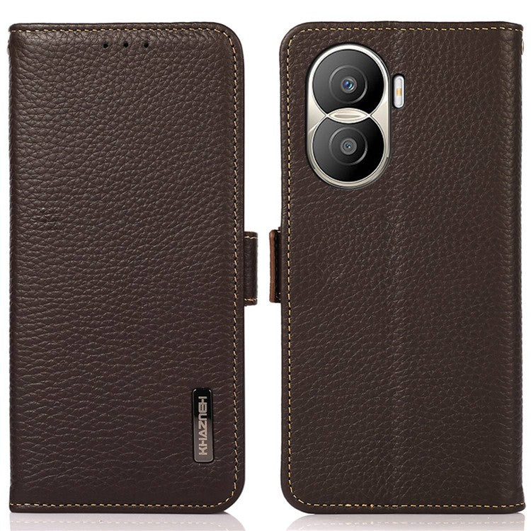 KHAZNEH for Honor X40i 5G RFID Blocking Flip Wallet Phone Case Litchi Texture Genuine Leather Stand Magnetic Closure Protective Cover - Brown