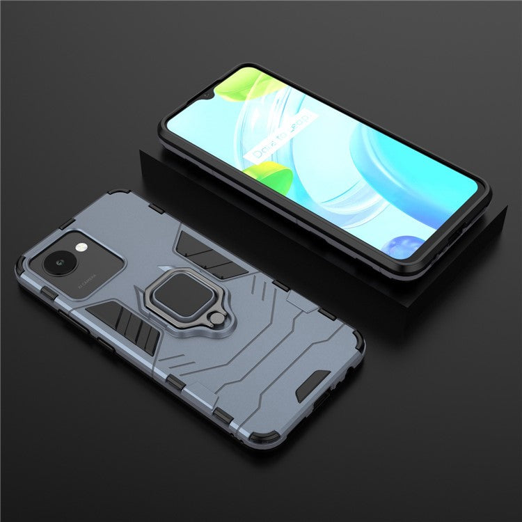 For Realme C30 4G Anti-wear Anti-scratch Ring Kickstand Phone Case Soft TPU Hard PC Anti-slip Rugged Back Cover - Blue