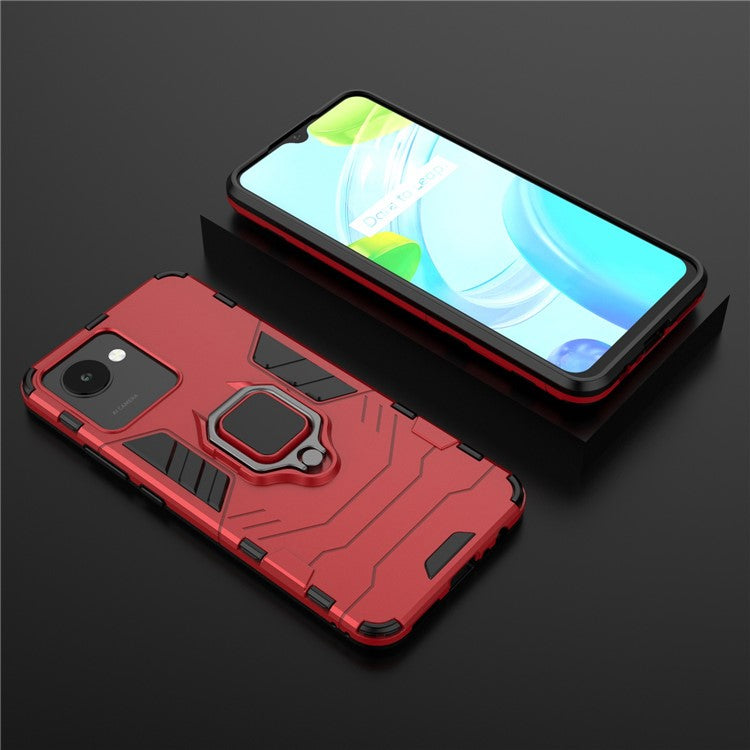 For Realme C30 4G Anti-wear Anti-scratch Ring Kickstand Phone Case Soft TPU Hard PC Anti-slip Rugged Back Cover - Red