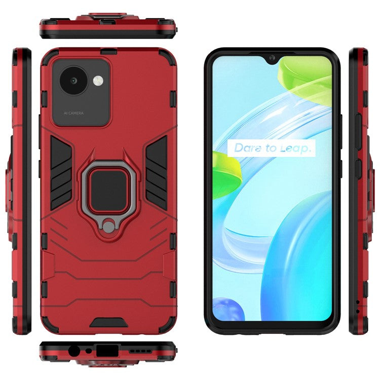 For Realme C30 4G Anti-wear Anti-scratch Ring Kickstand Phone Case Soft TPU Hard PC Anti-slip Rugged Back Cover - Red