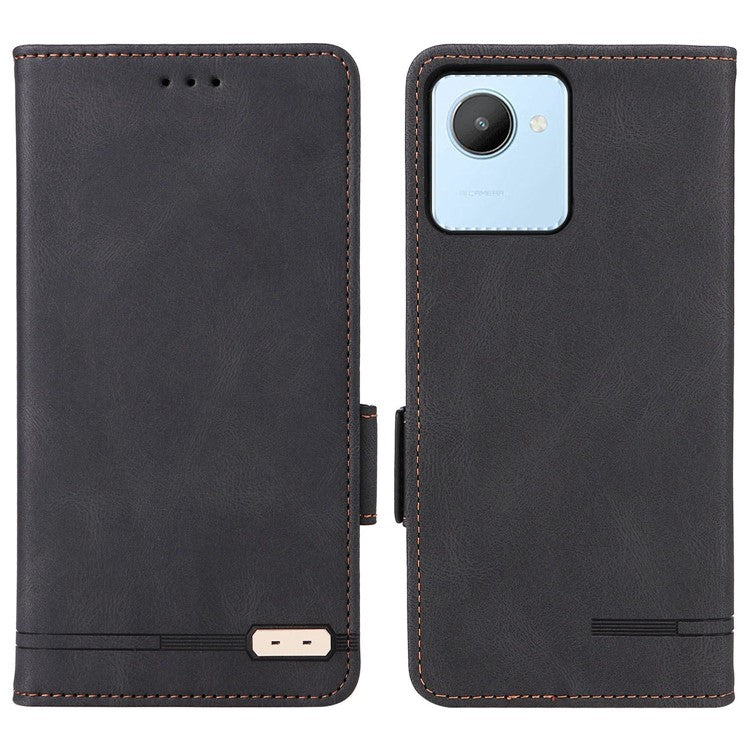 For Realme C30 4G Hardware Decor Cell Phone Case PU Leather Wallet Stand Shockproof Well-protected Shell - Black