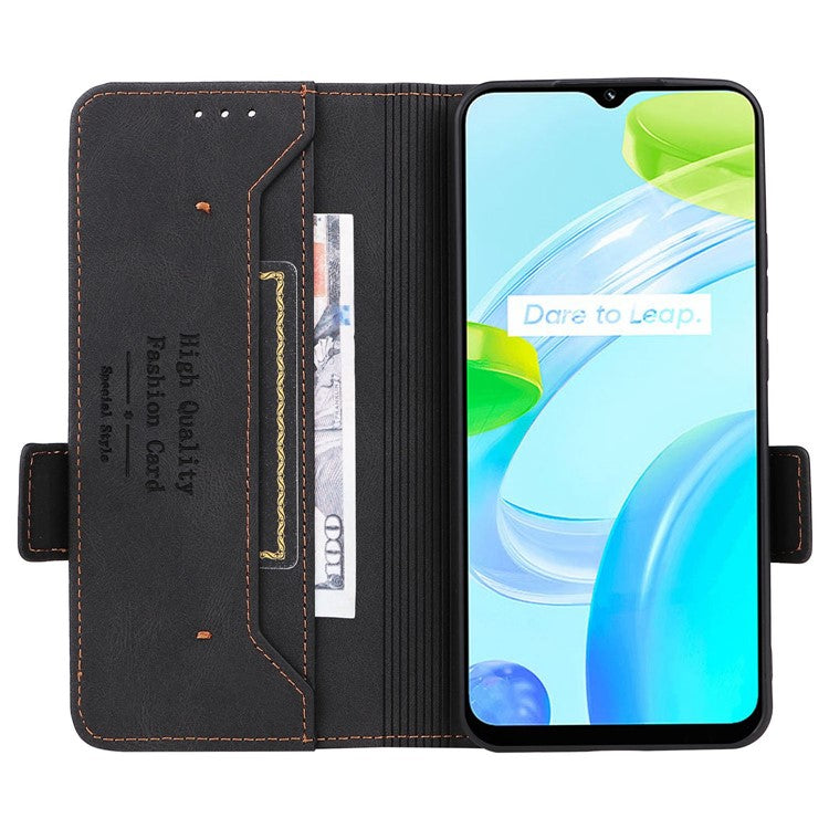 For Realme C30 4G Hardware Decor Cell Phone Case PU Leather Wallet Stand Shockproof Well-protected Shell - Black