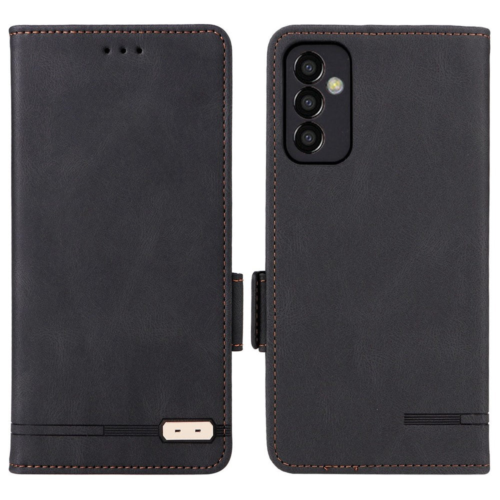 For Samsung Galaxy M13 4G Hardware Decor Phone Case PU Leather Wallet Folio Flip Stand Protective Cover - Black