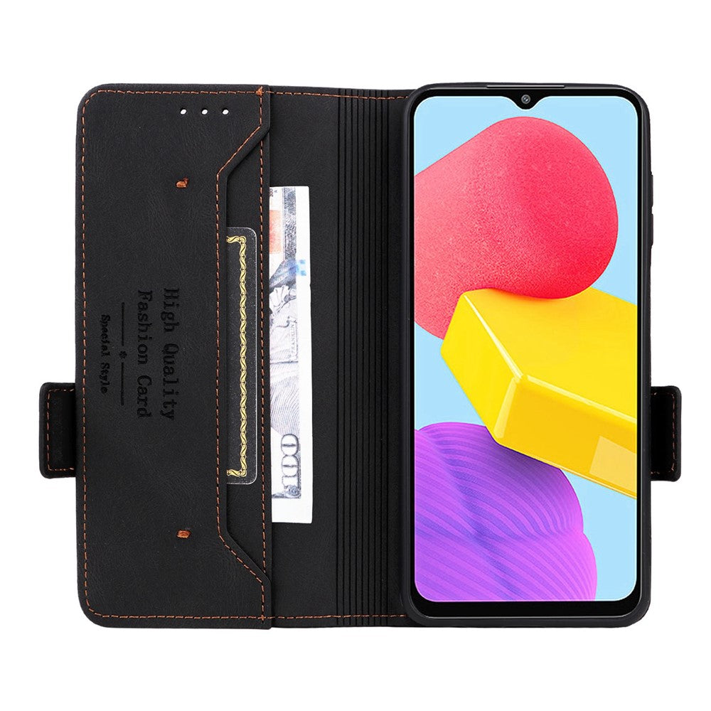 For Samsung Galaxy M13 4G Hardware Decor Phone Case PU Leather Wallet Folio Flip Stand Protective Cover - Black