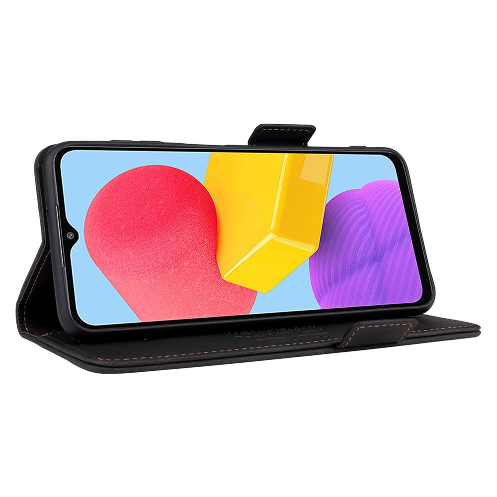For Samsung Galaxy M13 4G Hardware Decor Phone Case PU Leather Wallet Folio Flip Stand Protective Cover - Black