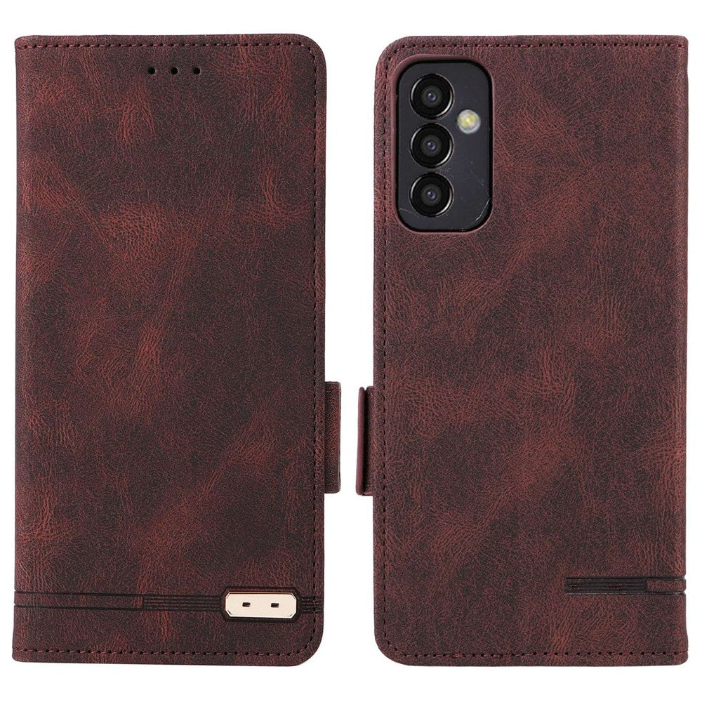 For Samsung Galaxy M13 4G Hardware Decor Phone Case PU Leather Wallet Folio Flip Stand Protective Cover - Coffee