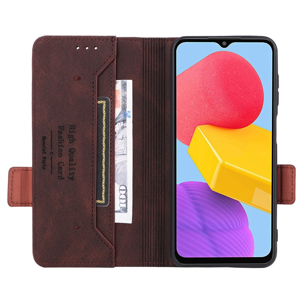 For Samsung Galaxy M13 4G Hardware Decor Phone Case PU Leather Wallet Folio Flip Stand Protective Cover - Coffee