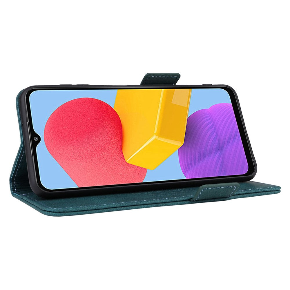 For Samsung Galaxy M13 4G Hardware Decor Phone Case PU Leather Wallet Folio Flip Stand Protective Cover - Blue