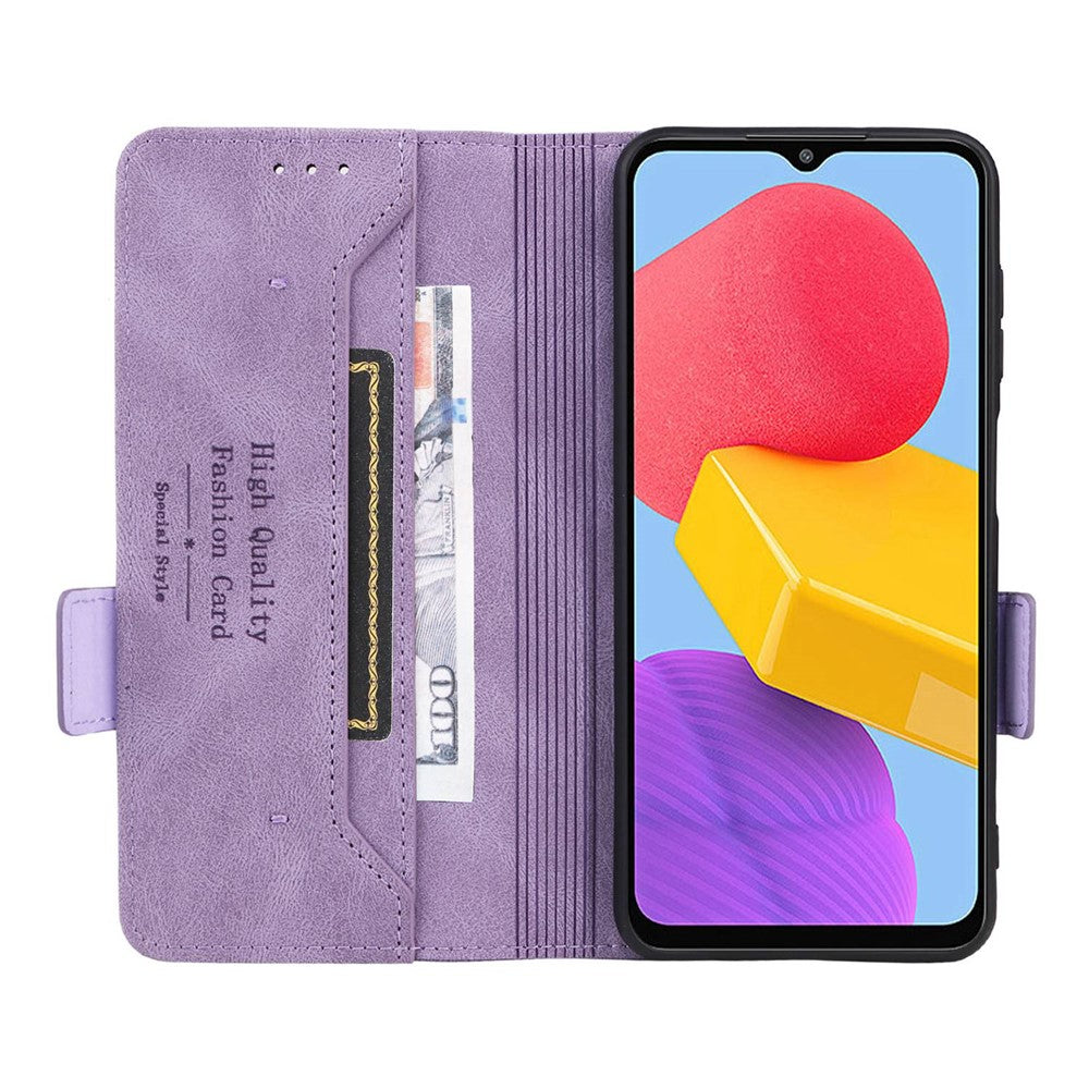 For Samsung Galaxy M13 4G Hardware Decor Phone Case PU Leather Wallet Folio Flip Stand Protective Cover - Purple