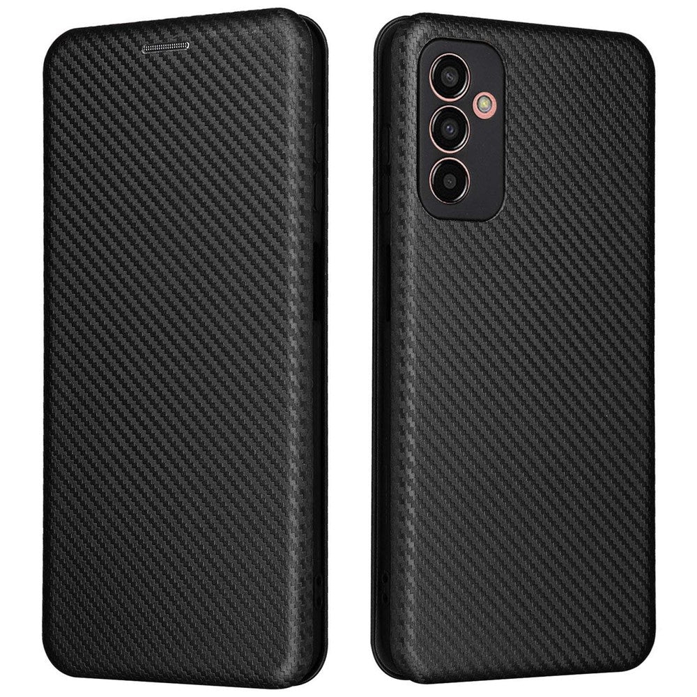 For Samsung Galaxy M13 4G Card Holder Phone Case Carbon Fiber Texture PU Leather Protective Cover with Stand - Black