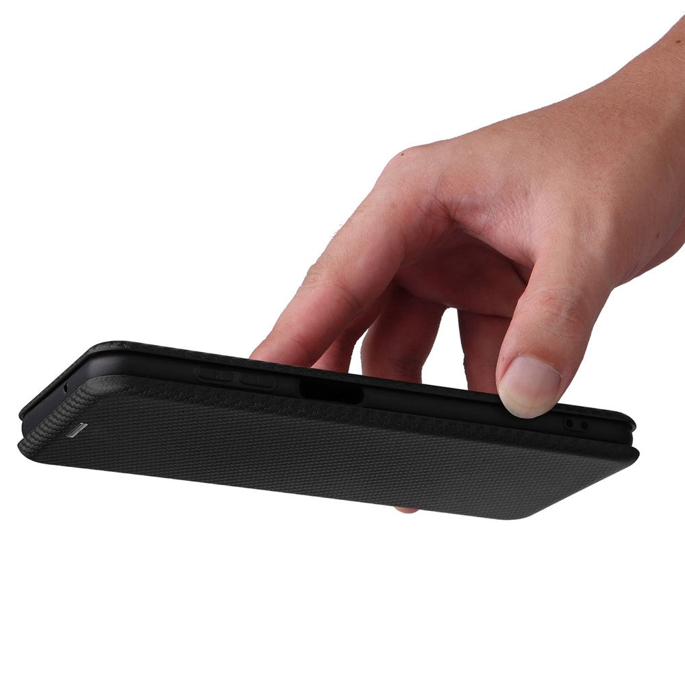 For Samsung Galaxy M13 4G Card Holder Phone Case Carbon Fiber Texture PU Leather Protective Cover with Stand - Black