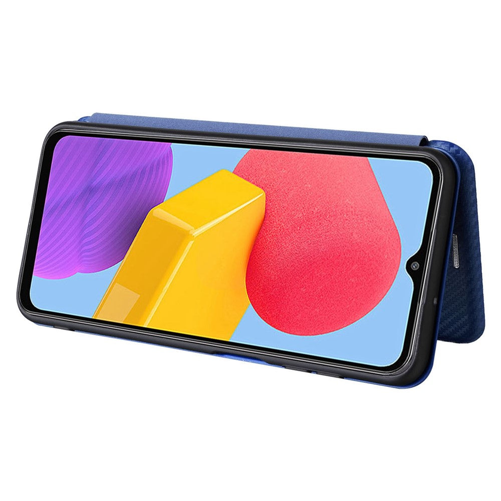 For Samsung Galaxy M13 4G Card Holder Phone Case Carbon Fiber Texture PU Leather Protective Cover with Stand - Blue