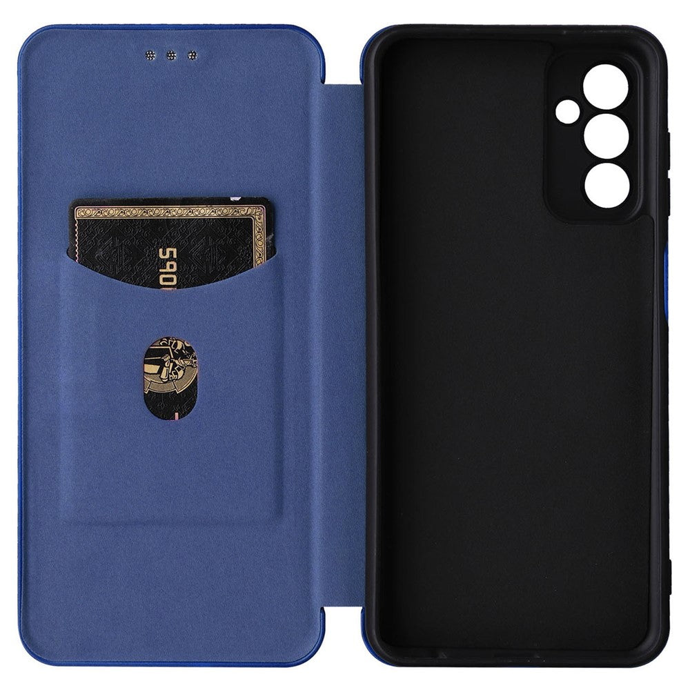 For Samsung Galaxy M13 4G Card Holder Phone Case Carbon Fiber Texture PU Leather Protective Cover with Stand - Blue