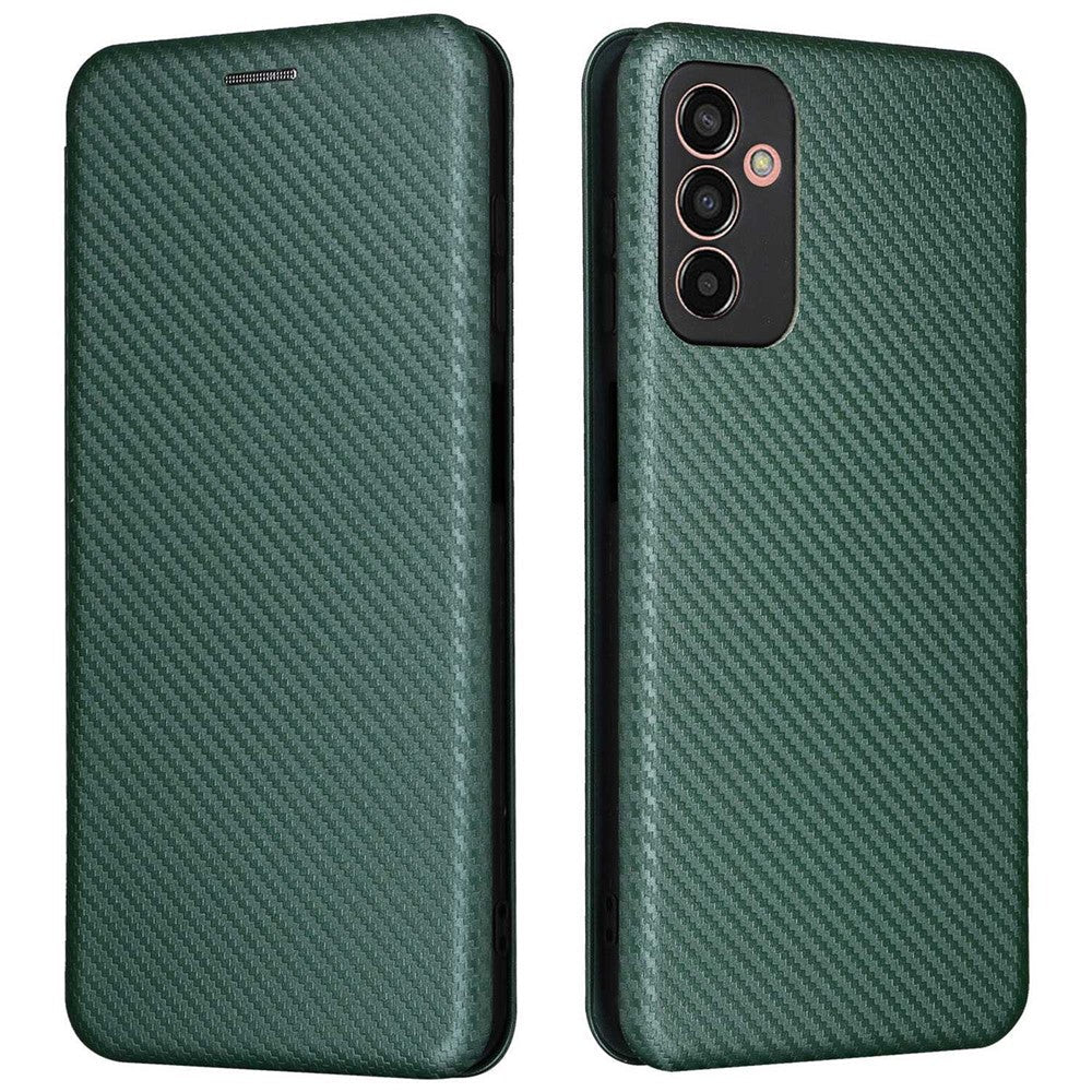 For Samsung Galaxy M13 4G Card Holder Phone Case Carbon Fiber Texture PU Leather Protective Cover with Stand - Green