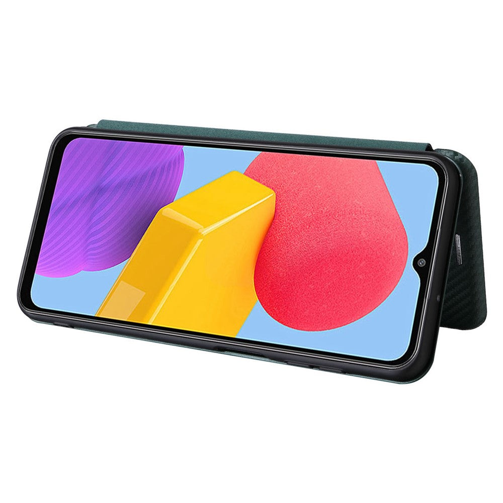 For Samsung Galaxy M13 4G Card Holder Phone Case Carbon Fiber Texture PU Leather Protective Cover with Stand - Green