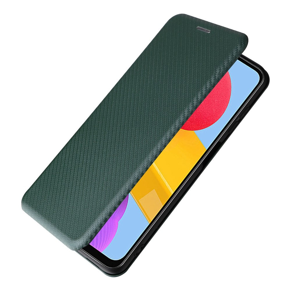 For Samsung Galaxy M13 4G Card Holder Phone Case Carbon Fiber Texture PU Leather Protective Cover with Stand - Green