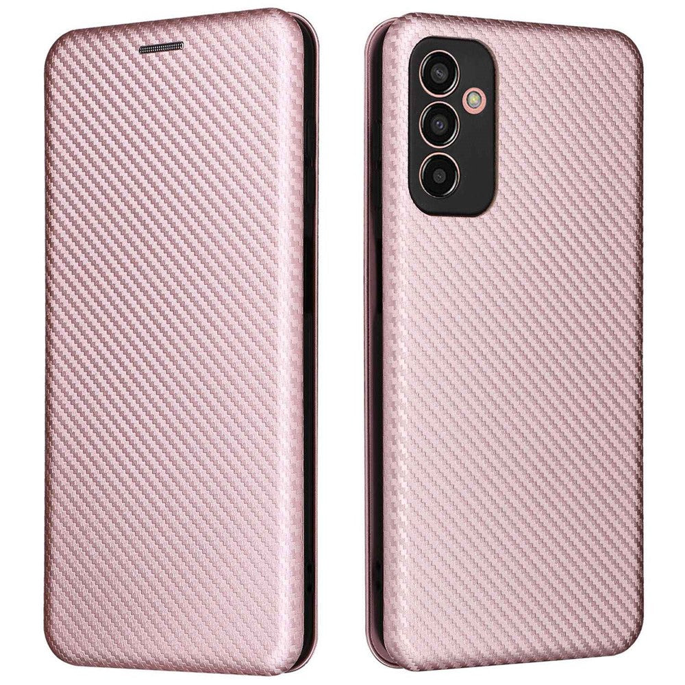 For Samsung Galaxy M13 4G Card Holder Phone Case Carbon Fiber Texture PU Leather Protective Cover with Stand - Rose Gold