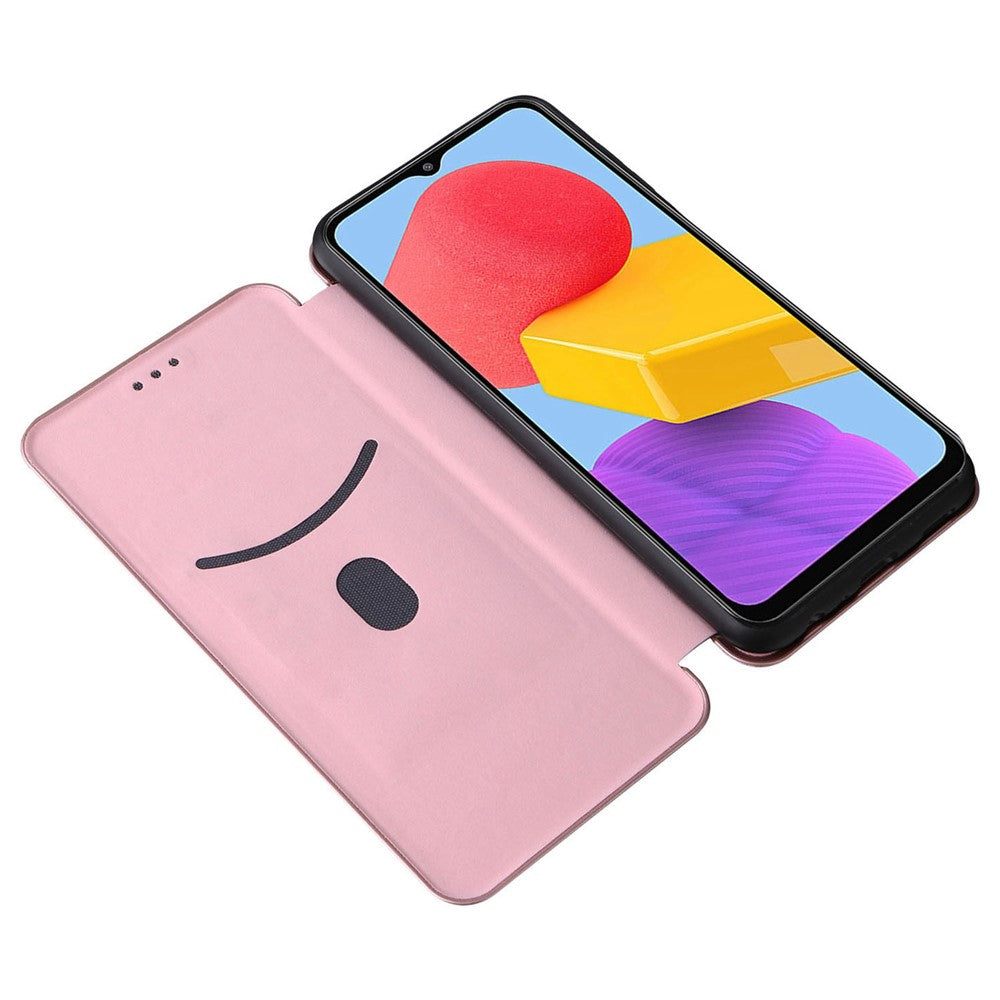 For Samsung Galaxy M13 4G Card Holder Phone Case Carbon Fiber Texture PU Leather Protective Cover with Stand - Rose Gold