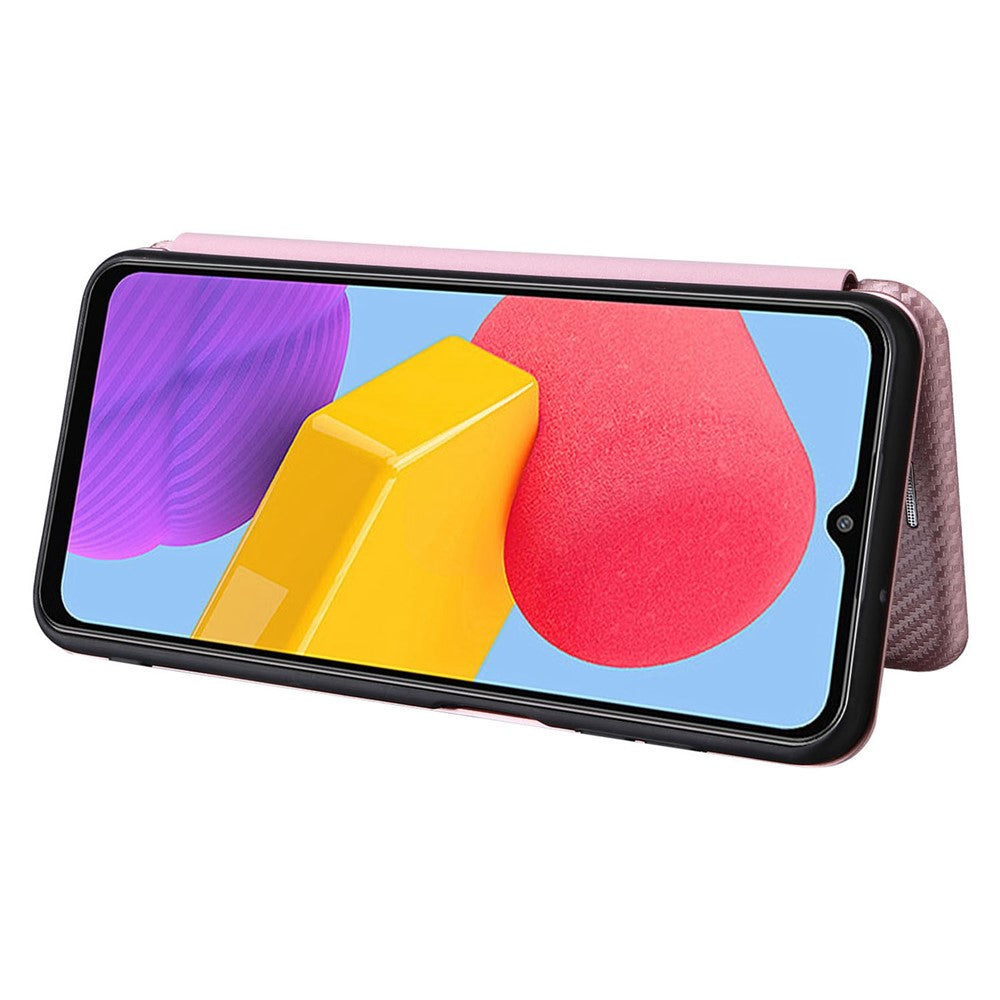 For Samsung Galaxy M13 4G Card Holder Phone Case Carbon Fiber Texture PU Leather Protective Cover with Stand - Rose Gold