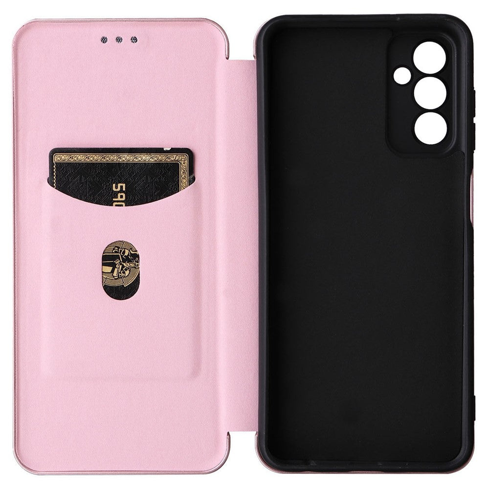 For Samsung Galaxy M13 4G Card Holder Phone Case Carbon Fiber Texture PU Leather Protective Cover with Stand - Rose Gold
