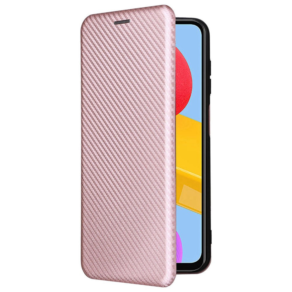For Samsung Galaxy M13 4G Card Holder Phone Case Carbon Fiber Texture PU Leather Protective Cover with Stand - Rose Gold