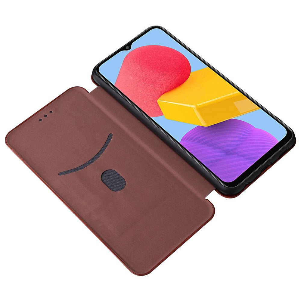 For Samsung Galaxy M13 4G Card Holder Phone Case Carbon Fiber Texture PU Leather Protective Cover with Stand - Brown