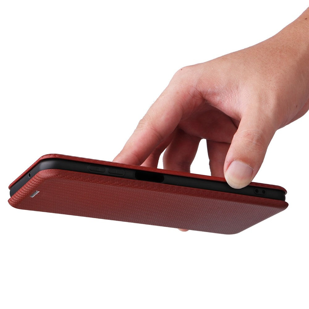 For Samsung Galaxy M13 4G Card Holder Phone Case Carbon Fiber Texture PU Leather Protective Cover with Stand - Brown