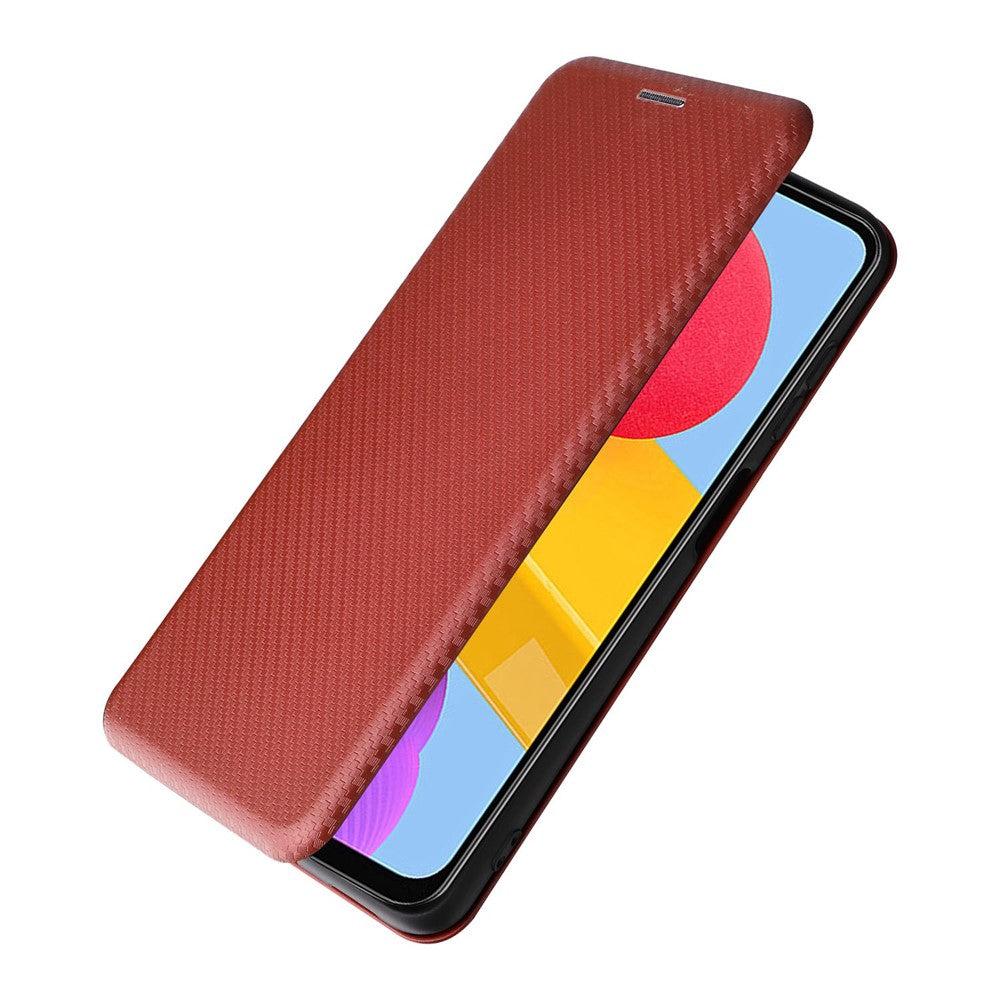 For Samsung Galaxy M13 4G Card Holder Phone Case Carbon Fiber Texture PU Leather Protective Cover with Stand - Brown