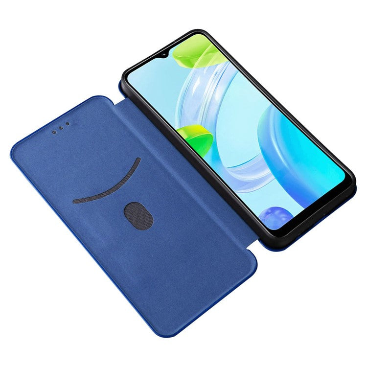 For Realme C30 4G Magnetic Auto Closing Carbon Fiber Texture Phone Case PU Leather Card Holder Cover with Ring Stand - Blue