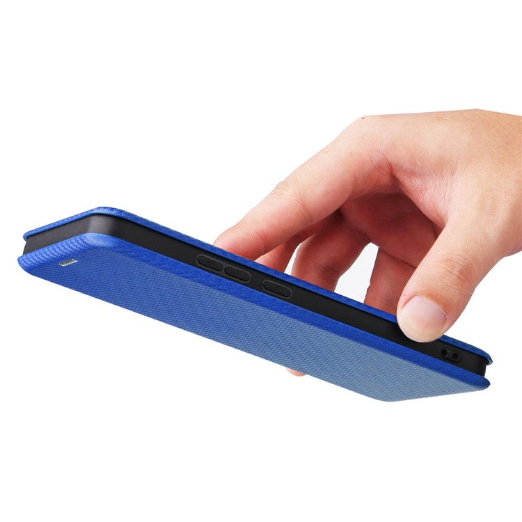 For Realme C30 4G Magnetic Auto Closing Carbon Fiber Texture Phone Case PU Leather Card Holder Cover with Ring Stand - Blue