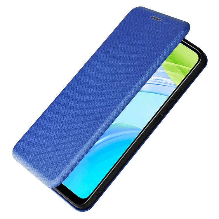 For Realme C30 4G Magnetic Auto Closing Carbon Fiber Texture Phone Case PU Leather Card Holder Cover with Ring Stand - Blue
