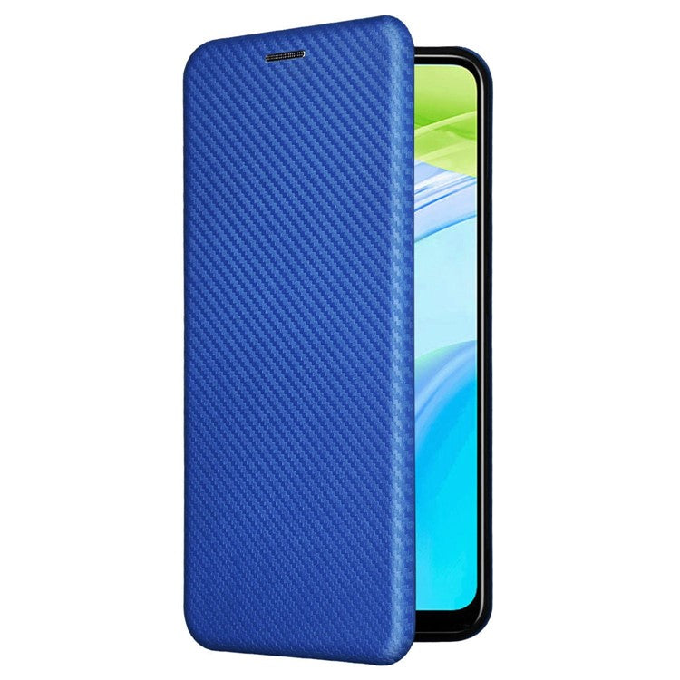 For Realme C30 4G Magnetic Auto Closing Carbon Fiber Texture Phone Case PU Leather Card Holder Cover with Ring Stand - Blue