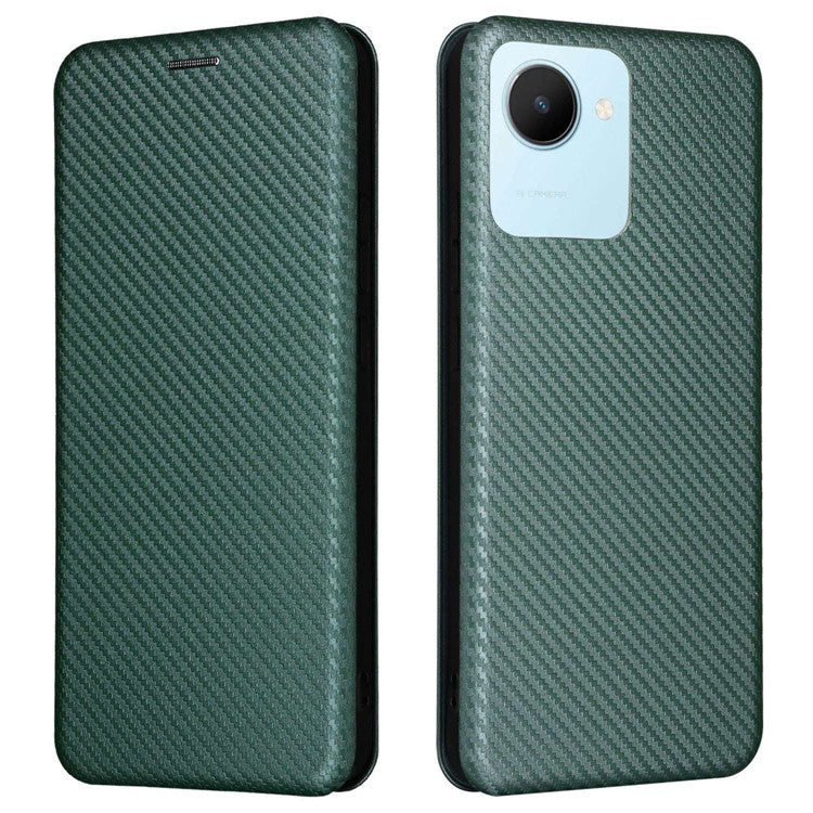 For Realme C30 4G Magnetic Auto Closing Carbon Fiber Texture Phone Case PU Leather Card Holder Cover with Ring Stand - Green
