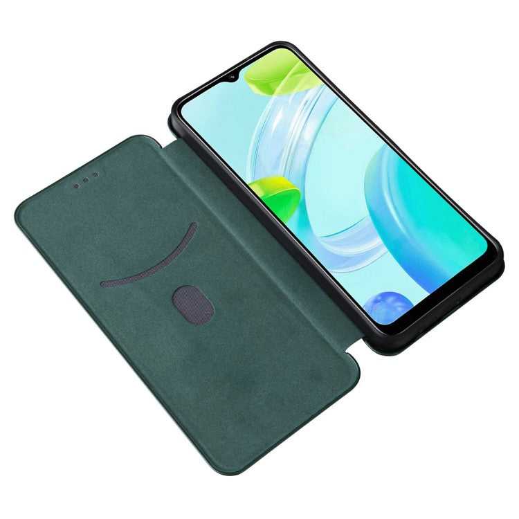 For Realme C30 4G Magnetic Auto Closing Carbon Fiber Texture Phone Case PU Leather Card Holder Cover with Ring Stand - Green