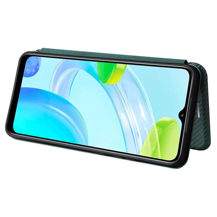 For Realme C30 4G Magnetic Auto Closing Carbon Fiber Texture Phone Case PU Leather Card Holder Cover with Ring Stand - Green
