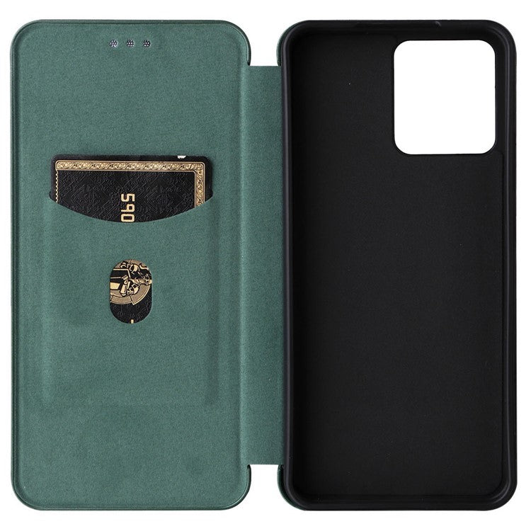 For Realme C30 4G Magnetic Auto Closing Carbon Fiber Texture Phone Case PU Leather Card Holder Cover with Ring Stand - Green