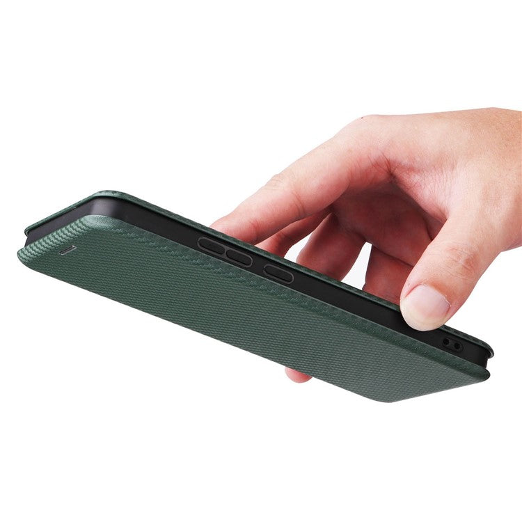 For Realme C30 4G Magnetic Auto Closing Carbon Fiber Texture Phone Case PU Leather Card Holder Cover with Ring Stand - Green