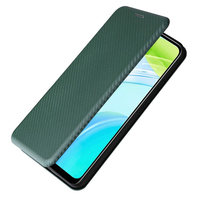 For Realme C30 4G Magnetic Auto Closing Carbon Fiber Texture Phone Case PU Leather Card Holder Cover with Ring Stand - Green