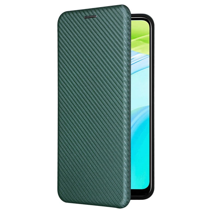 For Realme C30 4G Magnetic Auto Closing Carbon Fiber Texture Phone Case PU Leather Card Holder Cover with Ring Stand - Green