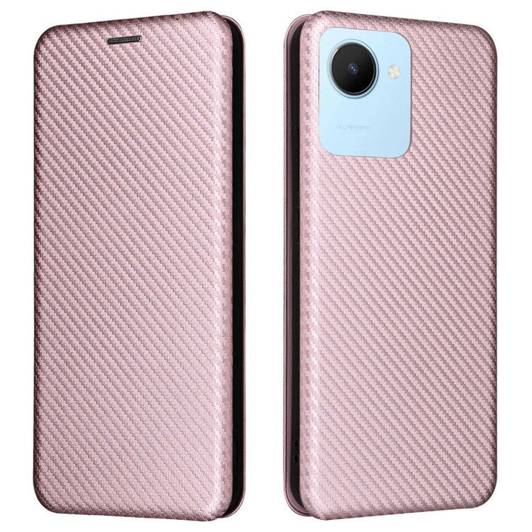 For Realme C30 4G Magnetic Auto Closing Carbon Fiber Texture Phone Case PU Leather Card Holder Cover with Ring Stand - Rose Gold