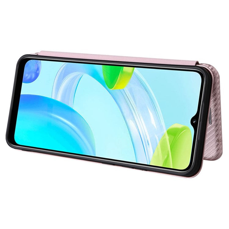 For Realme C30 4G Magnetic Auto Closing Carbon Fiber Texture Phone Case PU Leather Card Holder Cover with Ring Stand - Rose Gold