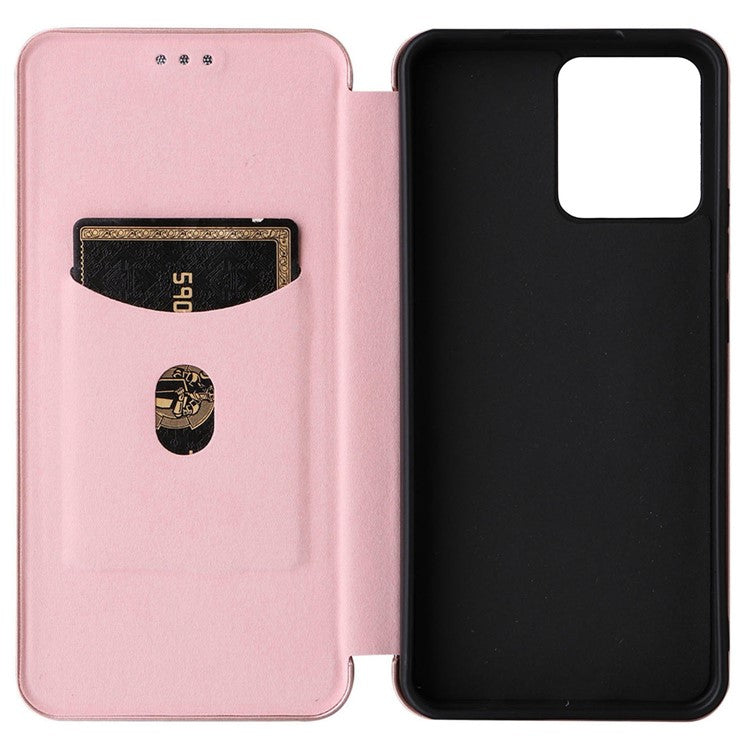 For Realme C30 4G Magnetic Auto Closing Carbon Fiber Texture Phone Case PU Leather Card Holder Cover with Ring Stand - Rose Gold